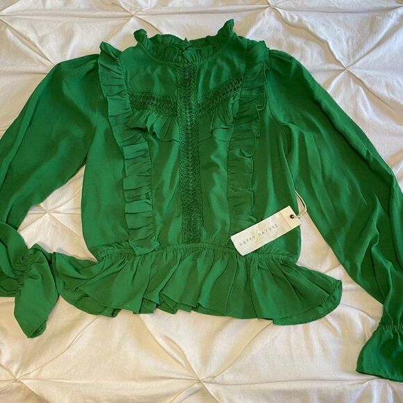 NWT Kelly Green Victorian Boho Ruffle Recycled Polyester Blouse - Picture 10 of 15